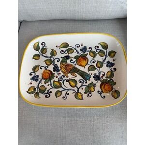 Nova Deruta Italian Decal & Hand Painted Rectangular Dish Platter Tray With Bird